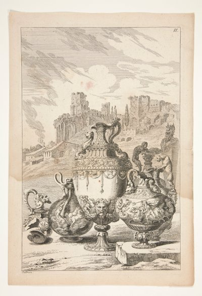 Cuatro jarrones, un jarrón roto, un candelabro roto y un herm en un paisaje con ruinas clásicas de Joachim von Sandrart