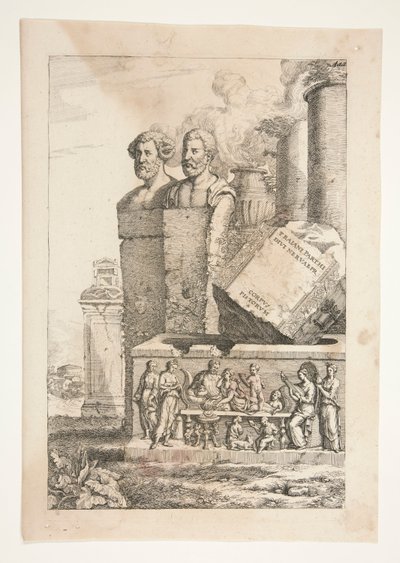 Bustos de retratos, columnas, urna humeante y un relieve de Joachim von Sandrart
