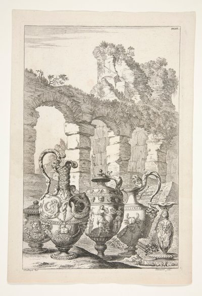 Tres cántaros, un jarrón cubierto y un candelabro en un paisaje con ruinas de Joachim von Sandrart