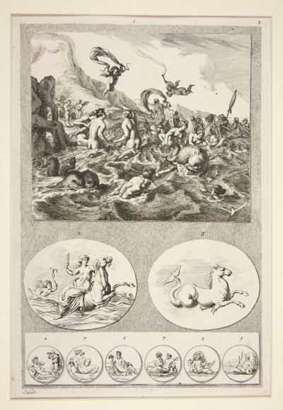 Mitad superior: Nereids Sporting Mitad inferior: Dos Relieves y Seis Monedas de Joachim von Sandrart