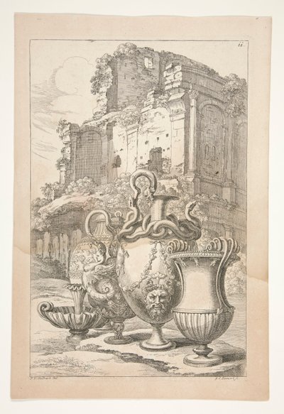 Jarrones en un paisaje entre ruinas antiguas de Joachim von Sandrart