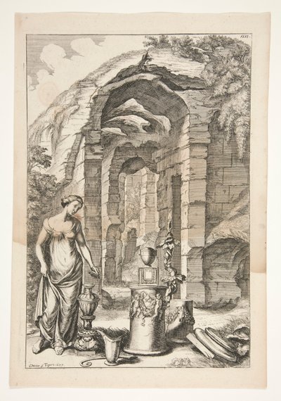 Mujer con vestido antiguo con urnas, soportes y ruinas de Joachim von Sandrart