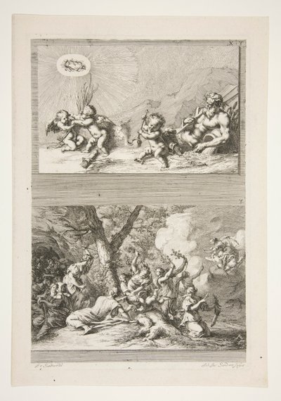 mitad superior: un dios del río y amorcillos jugando con los símbolos de la fama mitad inferior: el castigo de Cupido de Joachim von Sandrart