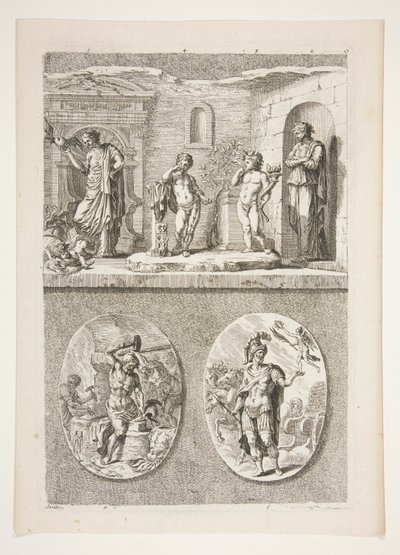 mitad superior: cuatro estatuas antiguas mitad inferior: fragua de Vulcano y un general romano victorioso de Joachim von Sandrart