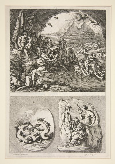 mitad superior: Quos Ego? mitad inferior: Dos relieves antiguos: Las tres Parcas y un sujeto desconocido de Joachim von Sandrart