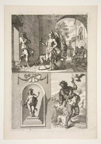 Mitad superior: Sujeto religioso desconocido Mitad inferior: Una estatua de un putto en un nicho y una estatua de un fauno en un paisaje de Joachim von Sandrart