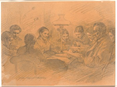 La familia de Johan Lange reunida alrededor de la lámpara de Joakim Frederik Skovgaard