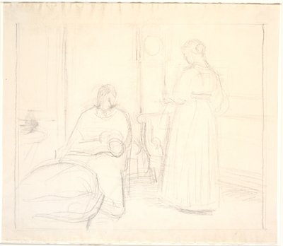 Interior con reloj y mujer sentada y de pie de Joakim Frederik Skovgaard