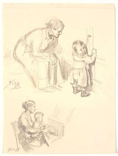 Dos estudios de figuras. Arriba una mujer sentada observando a un niño en una puerta; abajo una mujer con un niño en el piano de Joakim Frederik Skovgaard