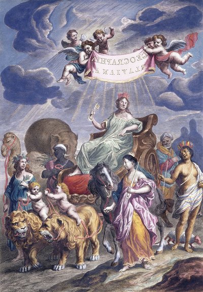Un plato alegórico con título, Geographia Blaviana, c.1662-1667 de Joan Blaeu