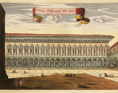 Bolonia, Vista del Estudio Público en 1600, grabado de Theatrum Civitatum et Admirandorum Italiae por Jean Blaeu, Ámsterdam de Joan Blaeu