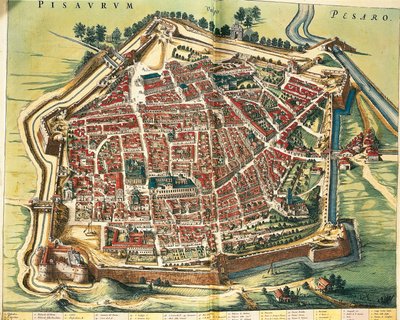 Italia, Mapa de Pesaro, de Theatrum civitatum et admirandorum Italiae por Joan Blaeu, grabado de Joan Blaeu