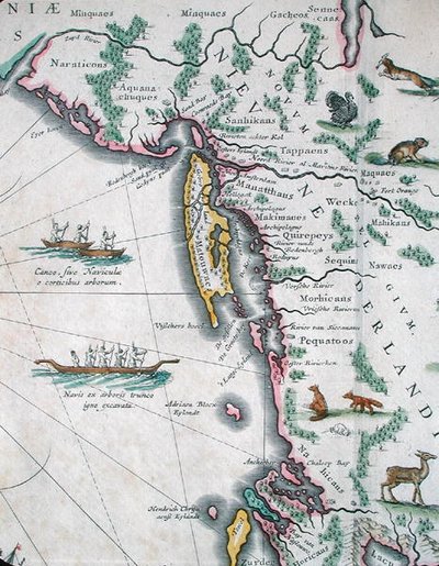 Mapa que muestra la costa este de América del Norte de Joan Blaeu