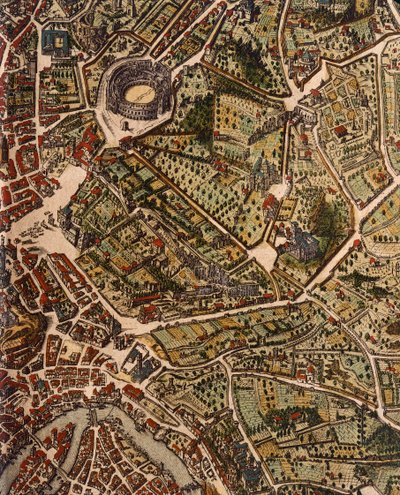 Mapa de Roma, por Joan Blaeu (1596-1673), impresión de Theatrum Civitatum et Admirandorum Italiae, ad Aevi Veteris et Praesentis Temporis Faciem Expressum, Italia de Joan Blaeu