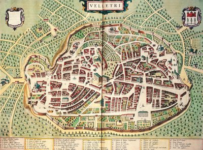 Mapa de Velletri por Joan Blaeu, del Theatrum civitatum et admirandorum Italiae, grabado de Joan Blaeu