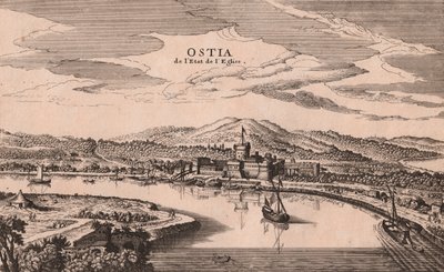 Vista en perspectiva de la ciudad y puerto de Ostia, Lacio, Italia de Joan Blaeu