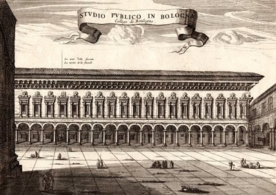 El Palacio Archiginnasio, Bolonia, Emilia-Romaña, Italia, grabado en cobre de Joan Blaeu