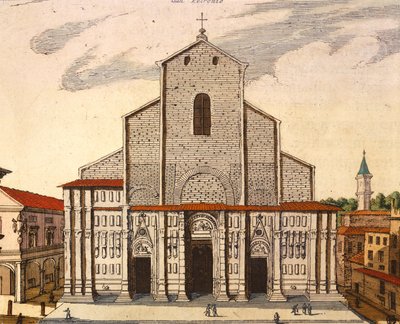 La basílica de San Petronio en Bolonia, por Joan Blaeu, impresión de Theatrum Civitatum et Admirandorum Italiae, Italia de Joan Blaeu