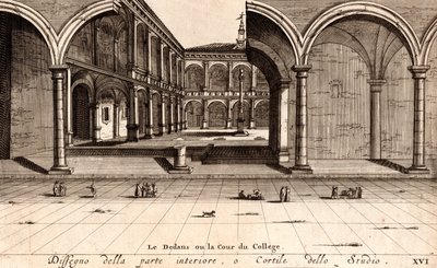 El patio interior del Palacio Archiginnasio, Bolonia, Emilia-Romaña, Italia, grabado en cobre, ca 21x29 cm de Joan Blaeu