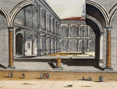 Vista del patio interior de la antigua Universidad en Bolonia, Joan Blaeu, grabado, Italia de Joan Blaeu