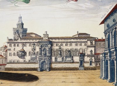 Vista de la plaza vieja en Bolonia, grabado por Giacomo Lauro y Joan Blaeu de Theatrum civitatum et admirandorum Italiae, publicado en Ámsterdam en 1663 de Joan Blaeu