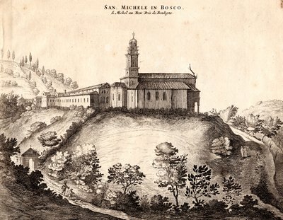 Vista del Monasterio de San Michele in Bosco, Bolonia, Emilia-Romaña, Italia, grabado en cobre, ca 21x29 cm de Joan Blaeu