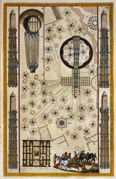 Cabrestantes para mover el obelisco, grabado de Theatrum civitatum et admirandorum Italiae, por Joan Baleu de Joan Blaeu