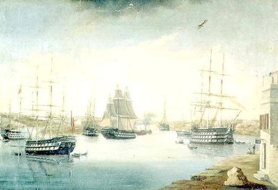 Vista de la puerta de Mahón, desde el Fonduco con varias fragatas extranjeras de Joan Font