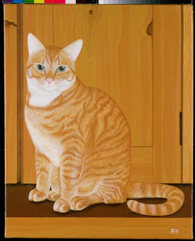 Gato mermelada junto a una puerta de Joan Freestone
