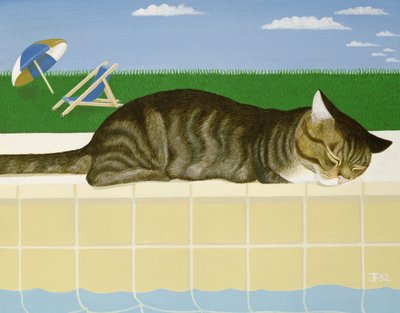 Gato atigrado junto a una piscina de Joan Freestone