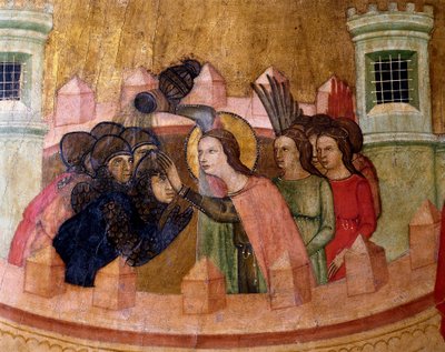 Santa Quiteria bautiza a los soldados, Retablo de Santa Quiteria, c. 1346 (temple sobre tabla) de Joan Loert