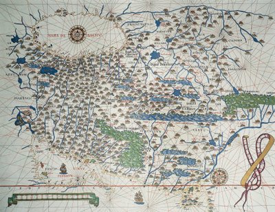 Mapa de Asia, incluyendo Armenia, Irán, Afganistán, con rosa de los vientos, detalles de puertos, costas y rutas marítimas, en Atlas de Joan Martines de Joan Martines