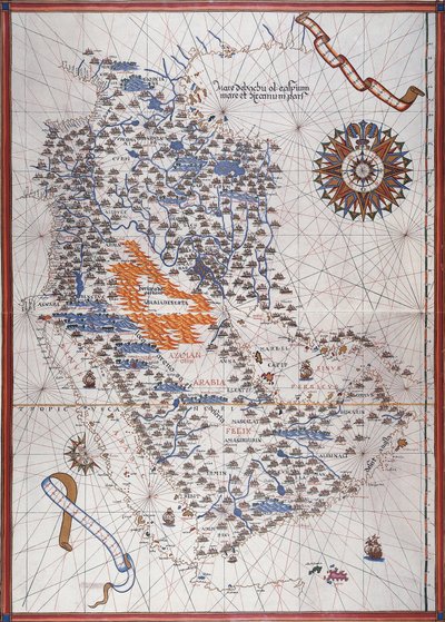 Mapa de la Península Arábiga, con rosa de los vientos y detalles de puertos y costas, en Atlas de Joan Martines de Joan Martines