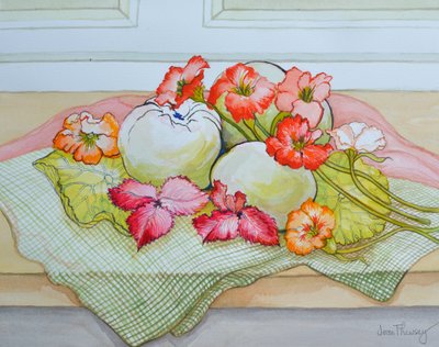 Manzanas y Capuchinas sobre un mantel verde de Joan Thewsey