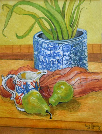 Maceta azul y blanca, jarra y peras, 2006 de Joan Thewsey