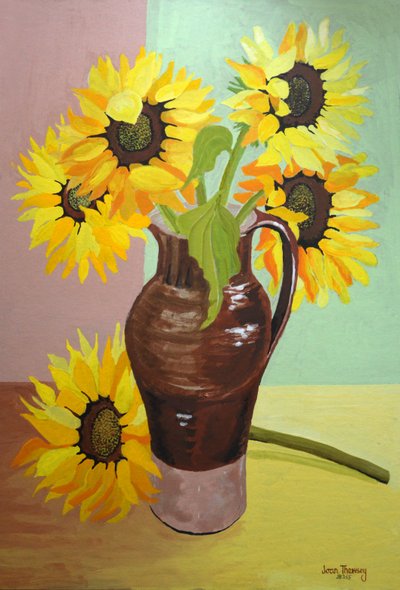 Cinco girasoles en una jarra marrón alta, 2007 de Joan Thewsey