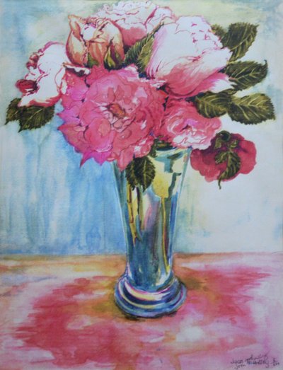 Rosas rosas en un vaso azul, 2000 de Joan Thewsey