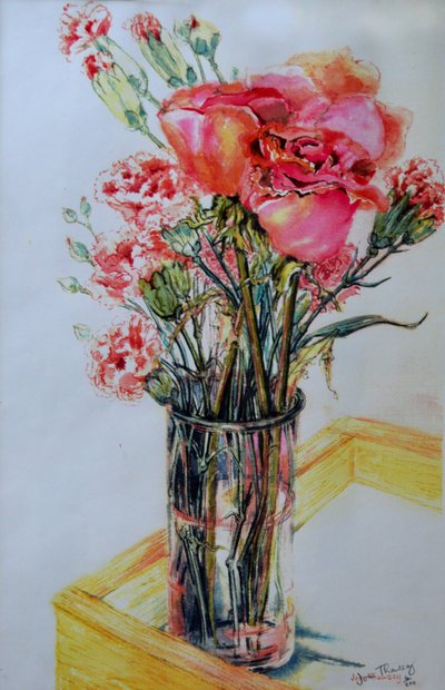 Rosas rosadas con claveles de cabaña, 2010 de Joan Thewsey