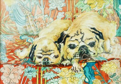 Carlinos en un sofá de impresión china, 2000 de Joan Thewsey