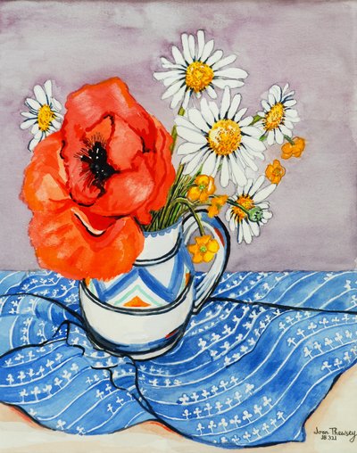 Amapola oriental roja y margaritas en una jarra de Honiton, 2005 de Joan Thewsey