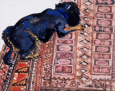 Saskia en una alfombra estampada de Joan Thewsey