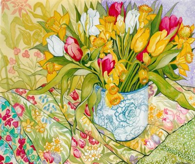 Tulipanes y narcisos con textiles estampados, 2000 de Joan Thewsey