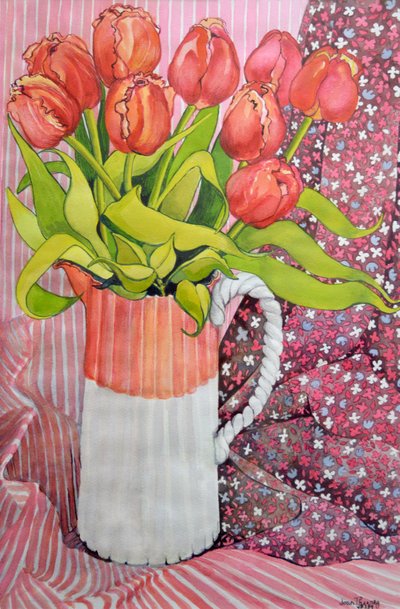 Tulipanes en una jarra rosa y blanca, 2005 de Joan Thewsey