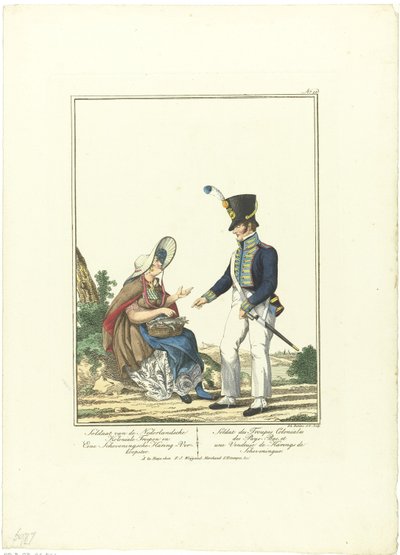 Soldado en un vendedor de arenques Soldado de las tropas coloniales holandesas y vendedor de arenques de Scheveningen (título sobre el objeto) Uniformes y disfraces (título de la serie) de Joannes Bemme