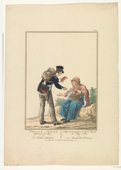 Soldado de pie con vendedor de langostas Soldado de la infantería holandesa de Ligne y vendedor de langostas (título sobre el objeto) Uniformes y disfraces (título de la serie) de Joannes Bemme