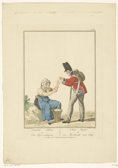 Soldado de pie con vendedor de huevos sentado Soldado inglés y vendedora tuerta (título sobre el objeto) Uniformes y disfraces (título de la serie) de Joannes Bemme