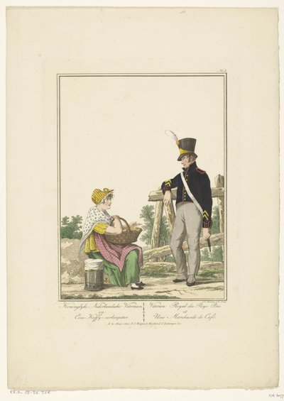 Soldado de pie con vendedor de café sentado Veterano holandés de Koninglyke y vendedor de café (título sobre el objeto) Uniformes y disfraces (título de la serie) de Joannes Bemme