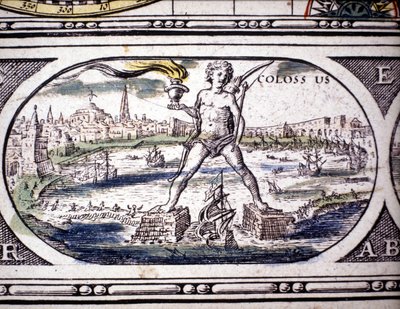 Representación de las Siete Maravillas de la Antigüedad: el Coloso de Rodas. en el Atlas de Jansson Jannsonius impreso en Ámsterdam en 1630. Colección privada. de Joannes Jansson