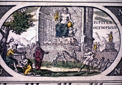 Representación de las siete maravillas de la Antigüedad: la estatua de Júpiter (Zeus) por Fidias - en "L