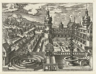 Castillo con laberinto y fuente Paisajes, paisajes marinos y paisajes urbanos imaginativos (título de la serie) de Joannes van Doetechum (I) (attributed to)